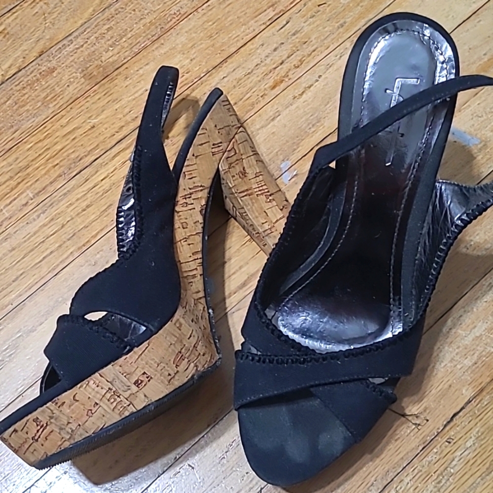 Womens Sz 9 Black & Cork Platform Sandals